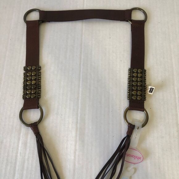 Brown Studded Fringe Tie Belt Size S Genuine Leather Trendy Western Boho Chic - Picture 4 of 7